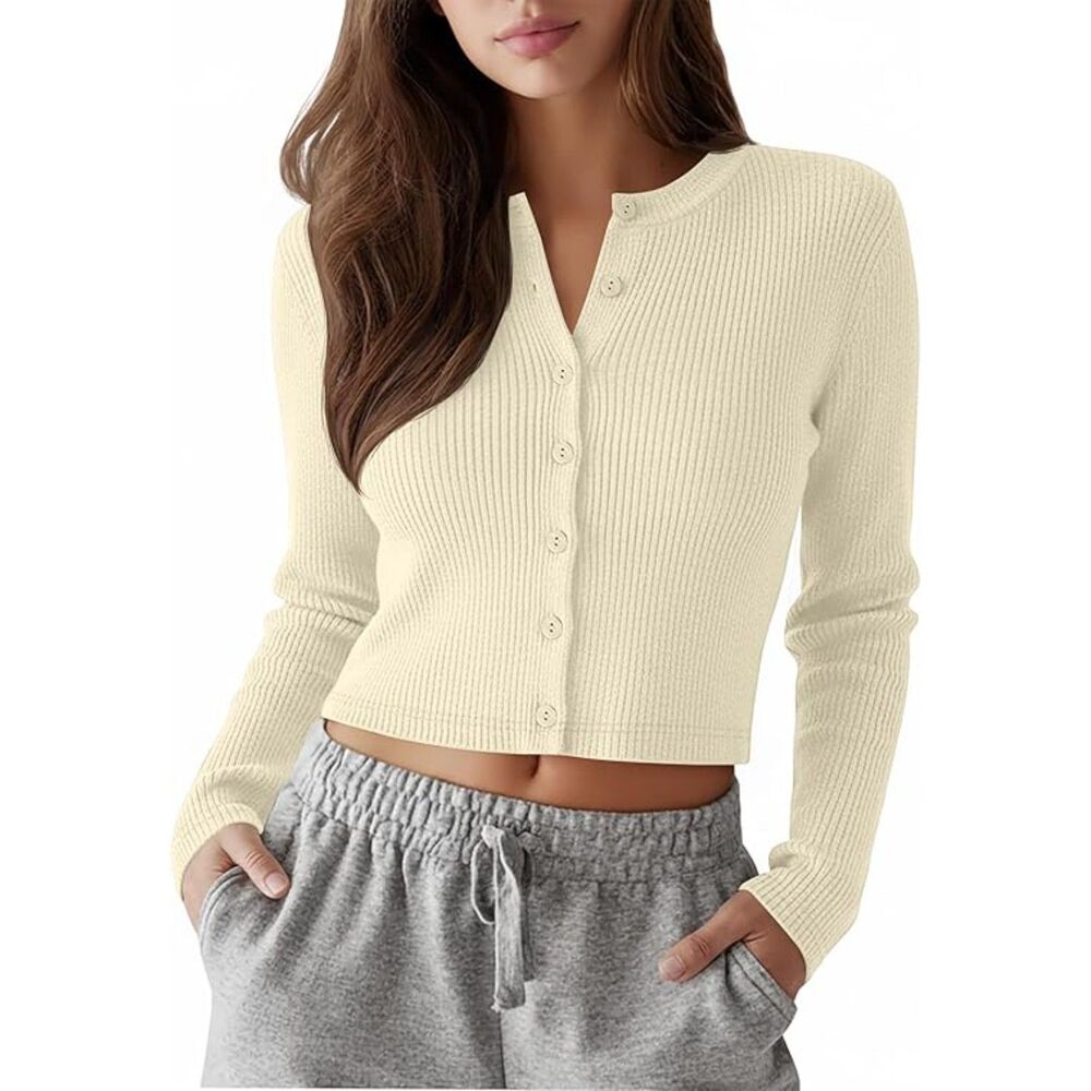 Neer Cream White Cotton Knit Long Sleeve Tops, LARGE, 6D-170T007